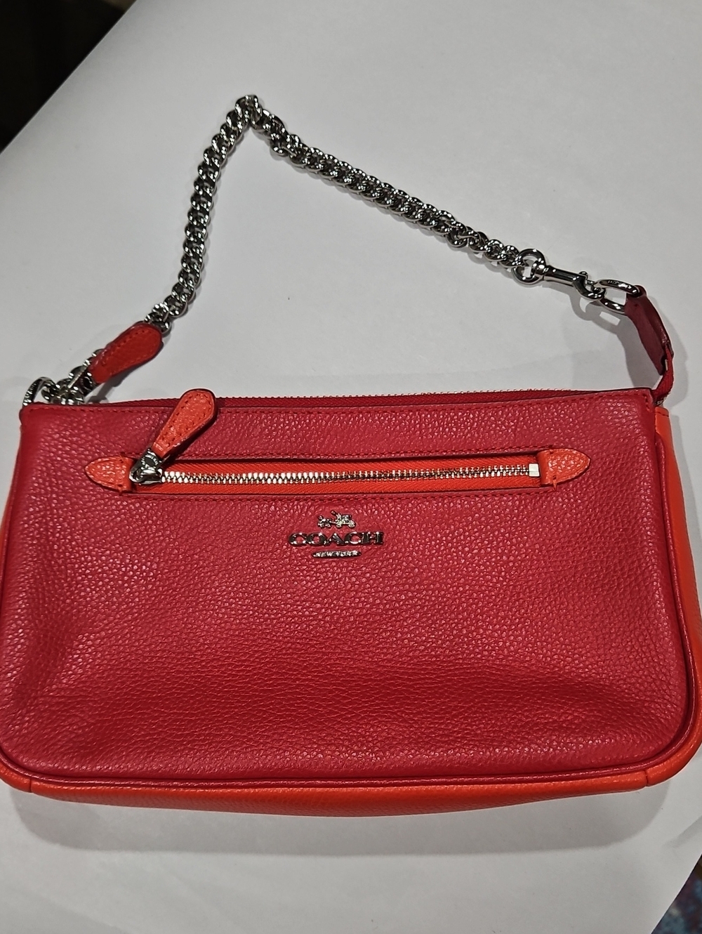 Coach Red Leather Purse with Orange Trim and Silver Chain